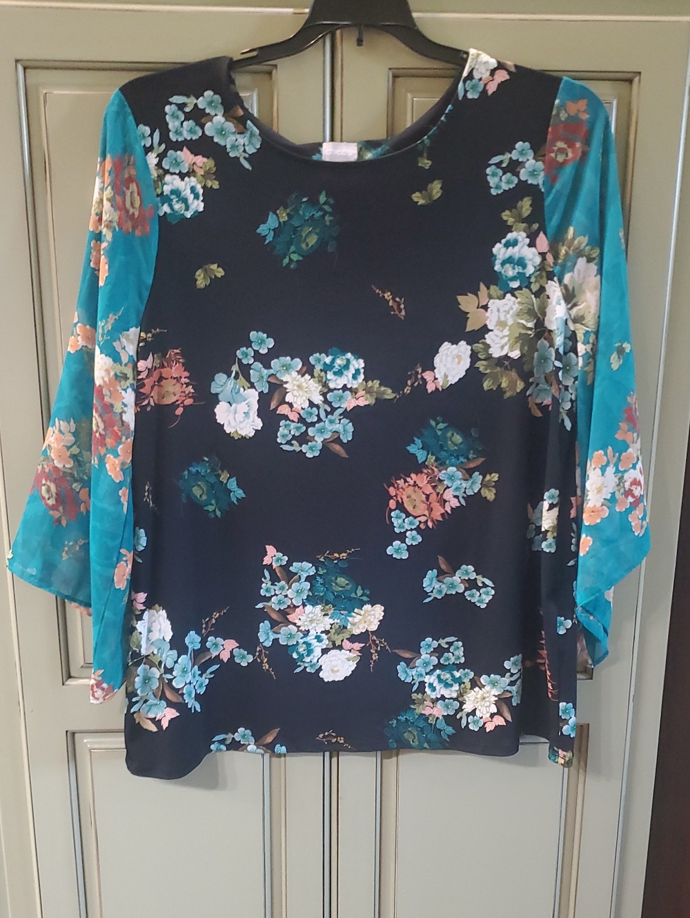 Chico's Black Tunic with Teal Floral Sleeves
